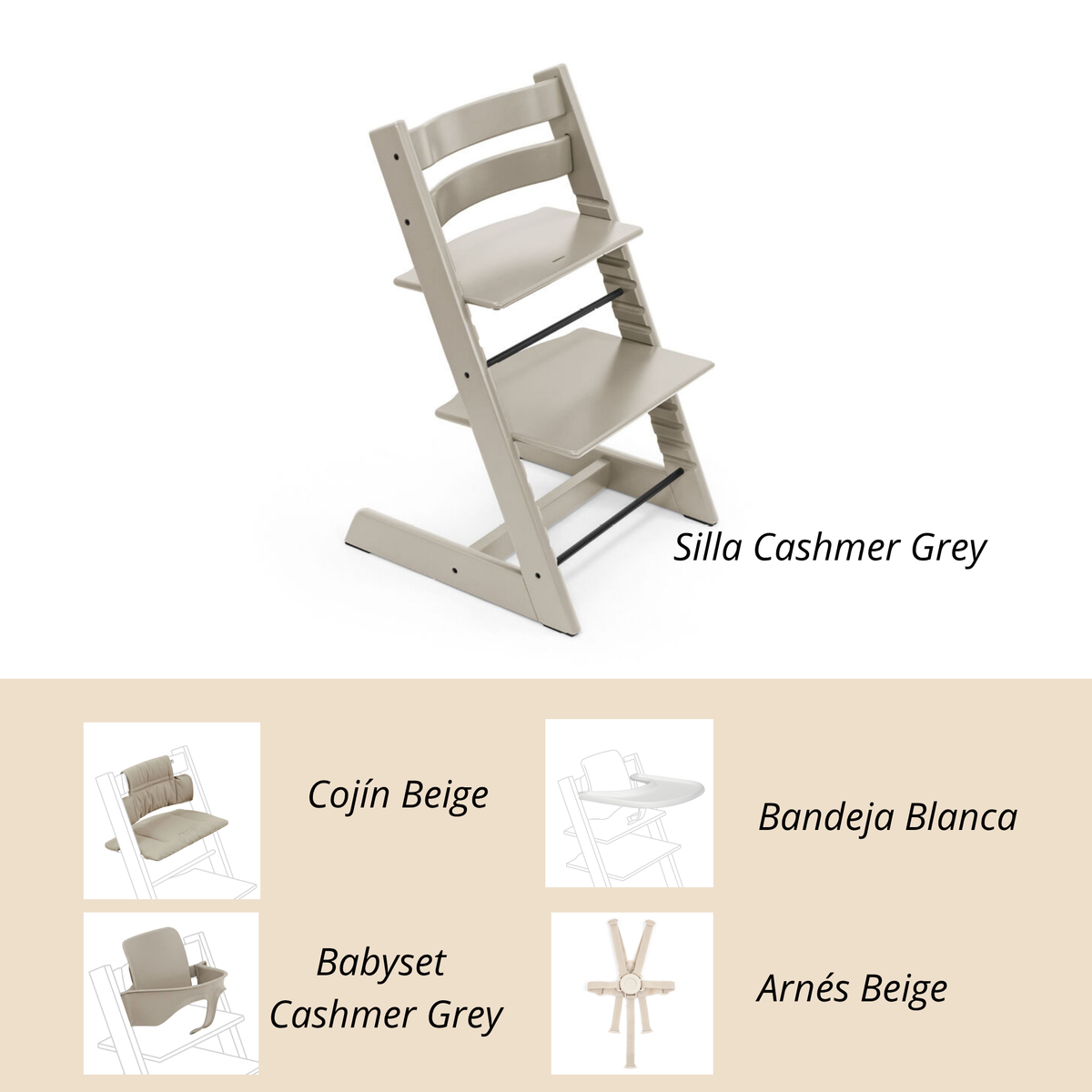 Pack completo: Silla Tripp Trapp + Cojín + Babyset + Bandeja + Arnés - Stokke