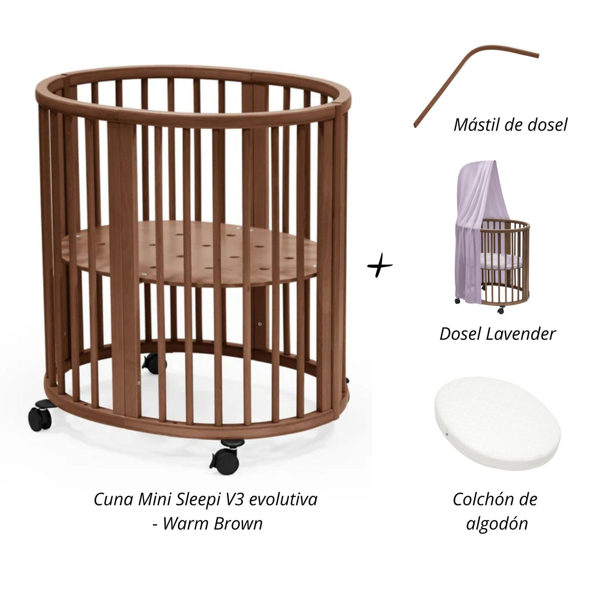Cuna Mini Sleepi V3 evolutiva + Mástil de Dosel + Dosel + colchón de algodón STOKKE