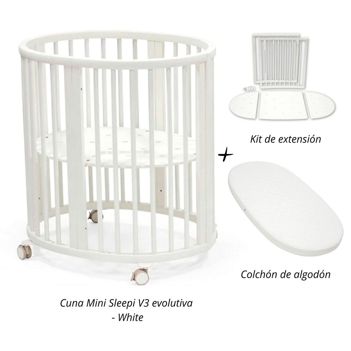 Cuna Mini Sleepi V3 evolutiva + Kit de extensión + colchón de algodón STOKKE
