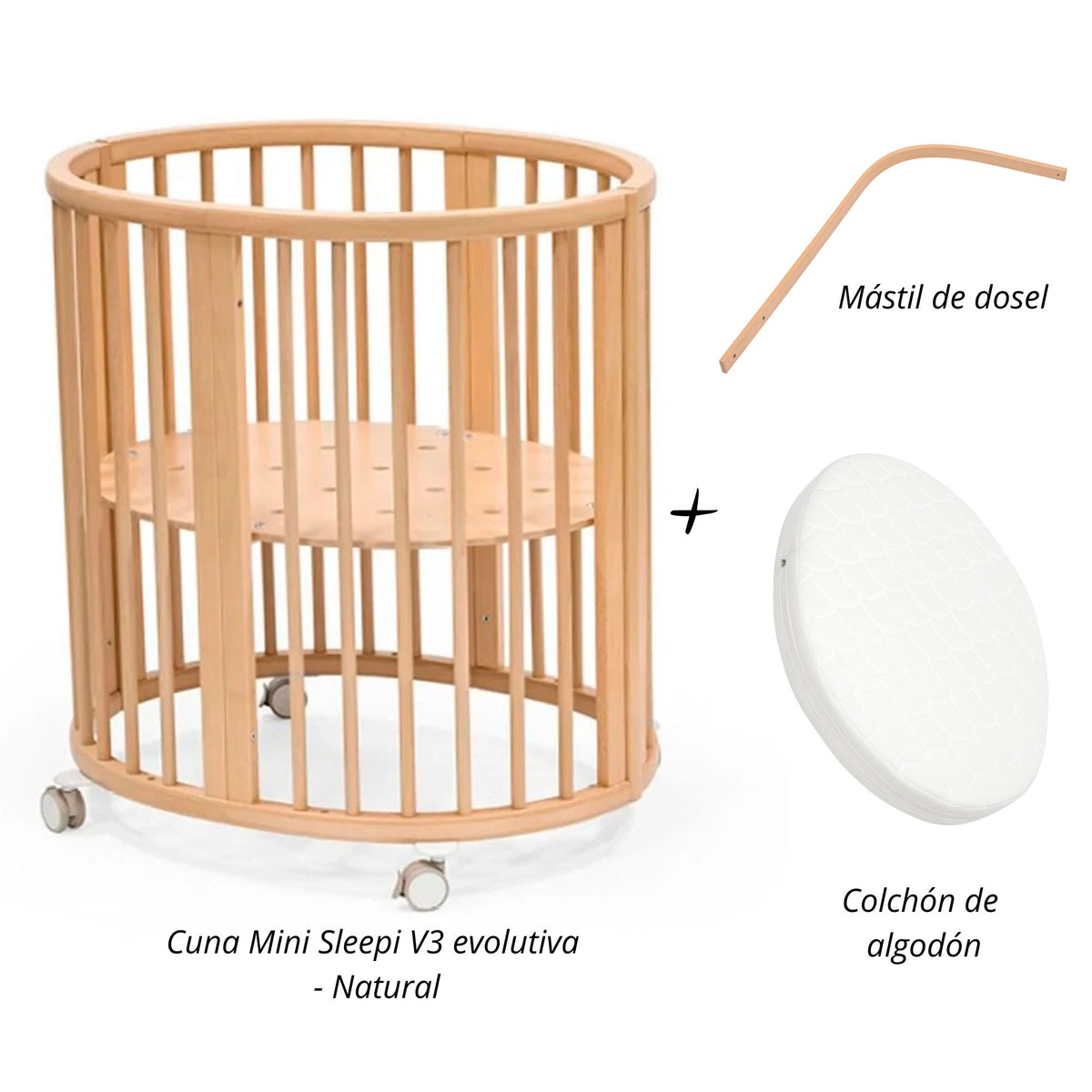 Cuna Mini Sleepi V3 evolutiva + Mástil de Dosel + colchón de algodón STOKKE