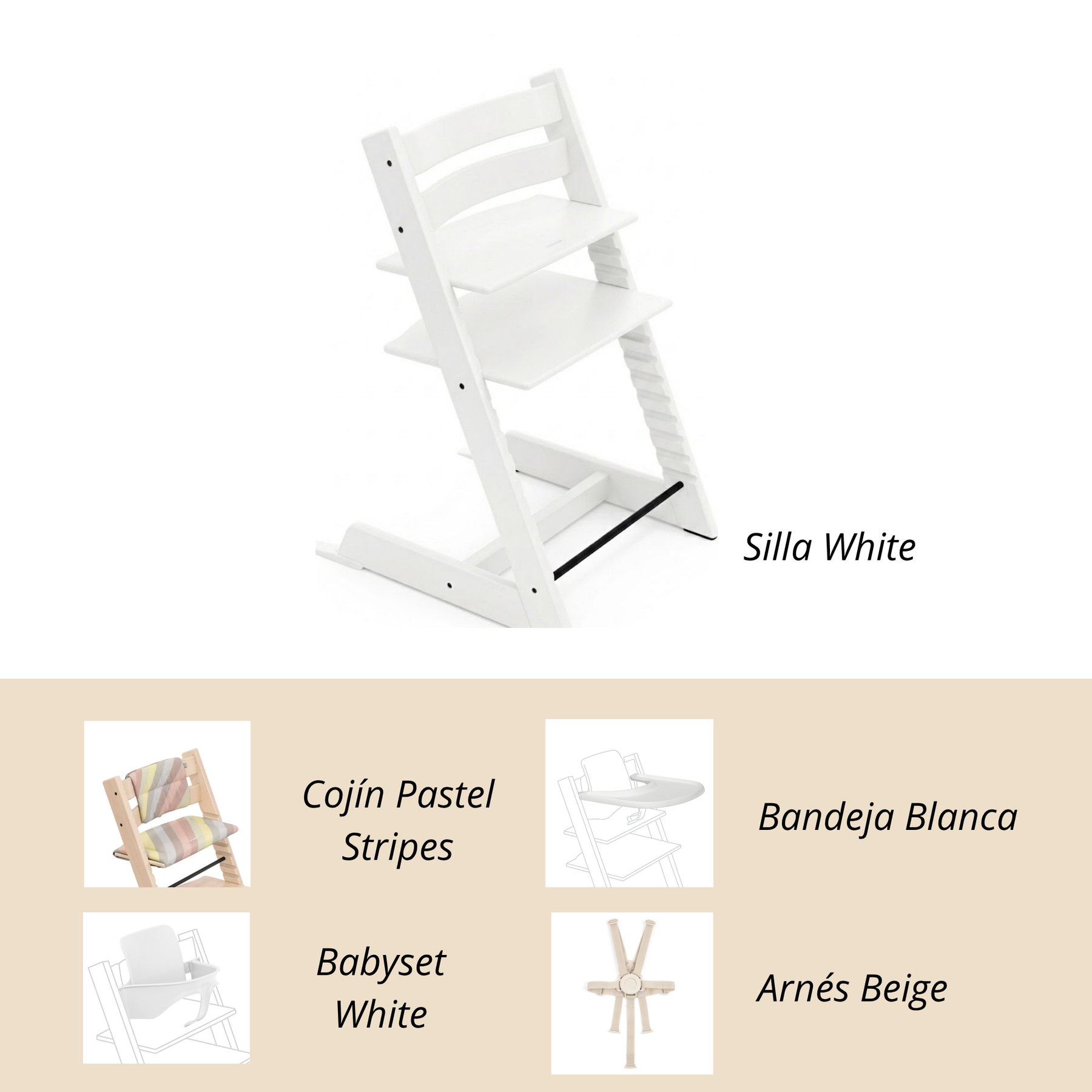 Pack completo: Silla Tripp Trapp + Cojín + Babyset + Bandeja + Arnés -  Stokke