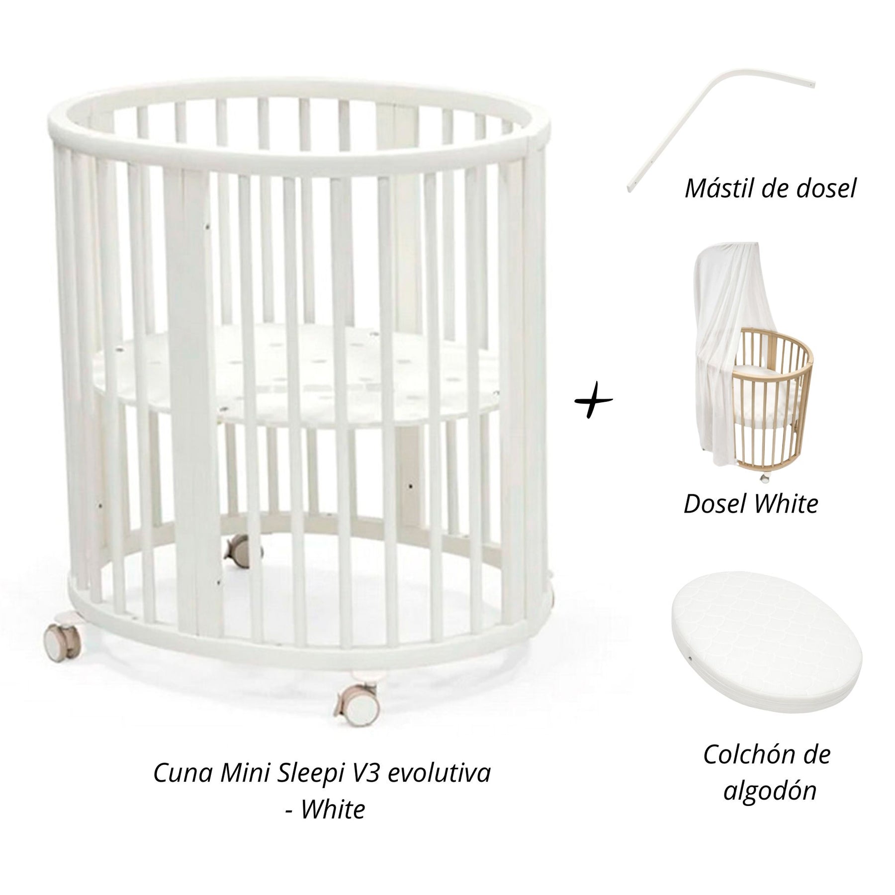 Cuna Mini Sleepi V3 evolutiva  +  Mástil de Dosel + Dosel +  colchón de algodón STOKKE