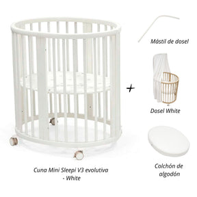 Cuna Mini Sleepi V3 evolutiva  +  Mástil de Dosel + Dosel +  colchón de algodón STOKKE