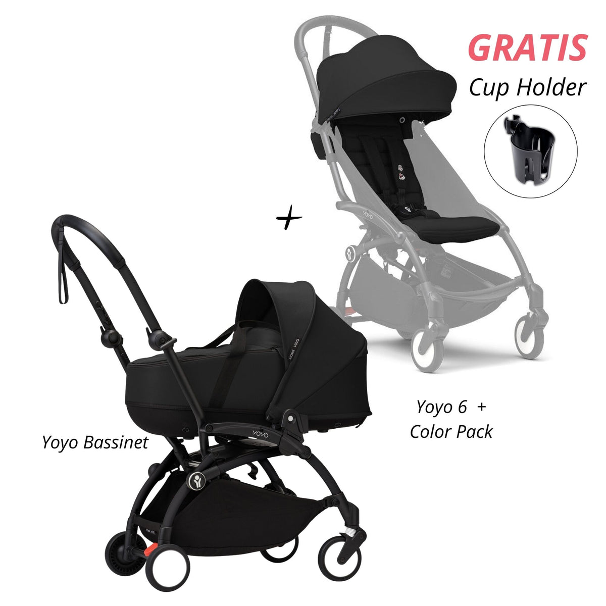 COCHE STOKKE YOYO³ COMPLETO CHASIS NEGRO CON BASSINET Y TEXTIL 2DA ETAPA (GRATIS CUP HOLDER)