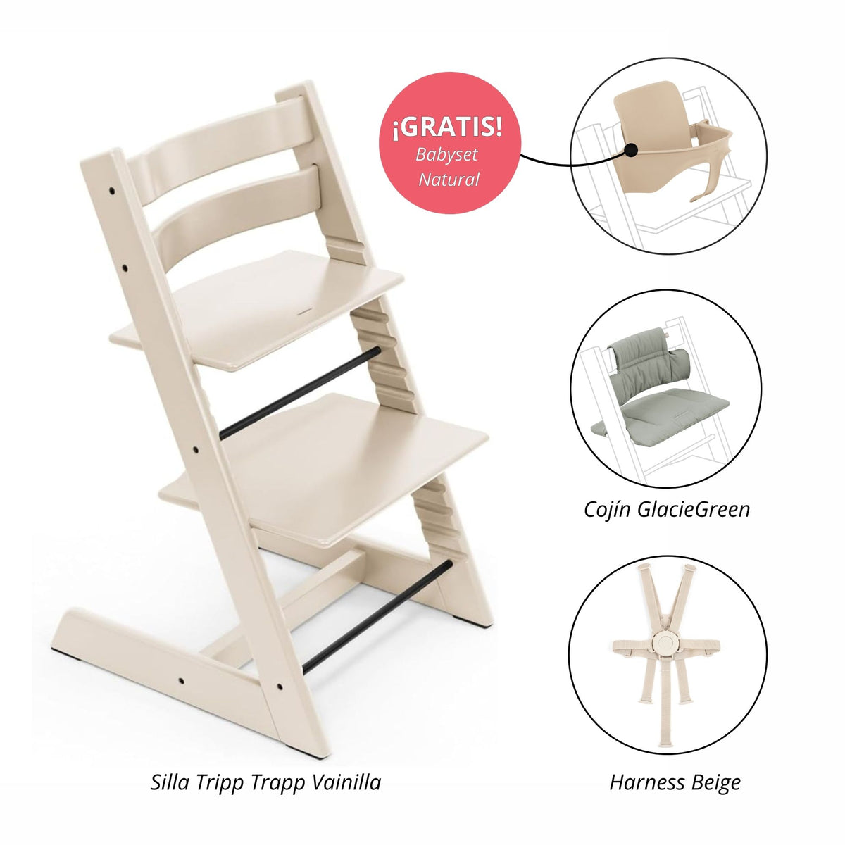 PACK ALIMENTANCIÓN 3 : SILLA TRIPP TRAPP + COJÍN+ HARNESS (GRATIS BABYSET) STOKKE