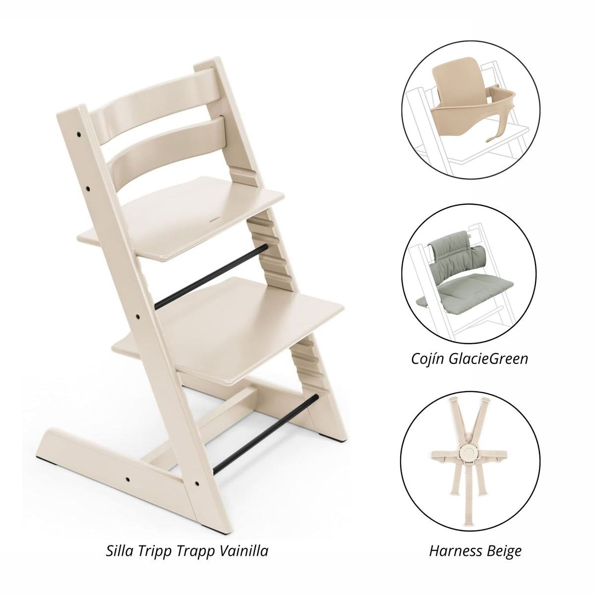PACK ALIMENTANCIÓN 3 : SILLA TRIPP TRAPP +BABYSET + COJÍN+ HARNESS  STOKKE