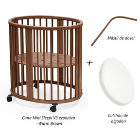 Cuna Mini Sleepi V3 evolutiva  + Mástil de Dosel + colchón de algodón STOKKE