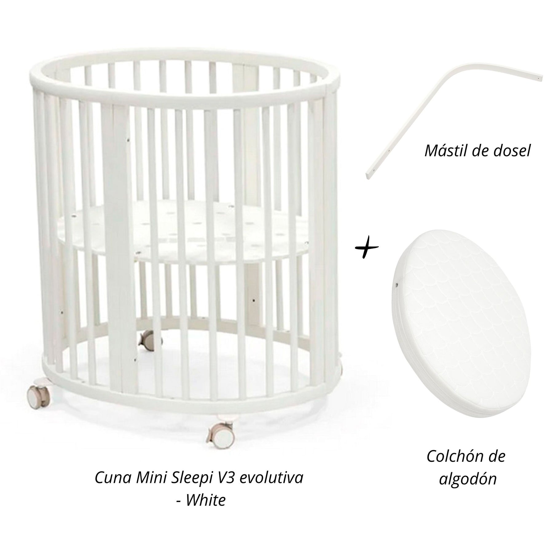 Cuna Mini Sleepi V3 evolutiva  + Mástil de Dosel + colchón de algodón STOKKE
