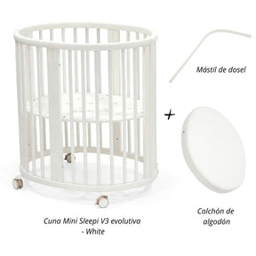 Cuna Mini Sleepi V3 evolutiva  + Mástil de Dosel + colchón de algodón STOKKE